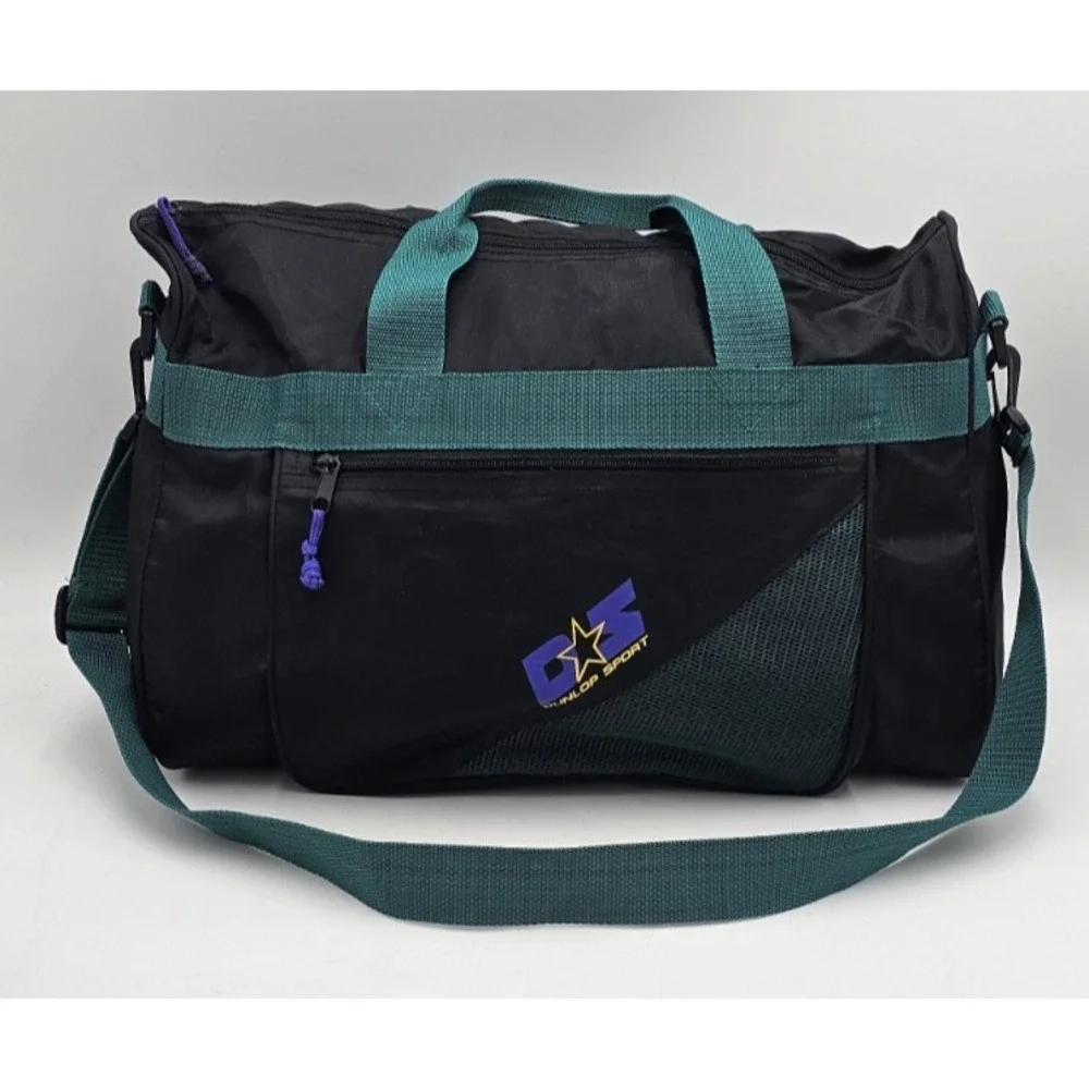 Vintage Dunlop Sport Duffle Gym Athletic Bag Black Green Purple Shoulder Strap